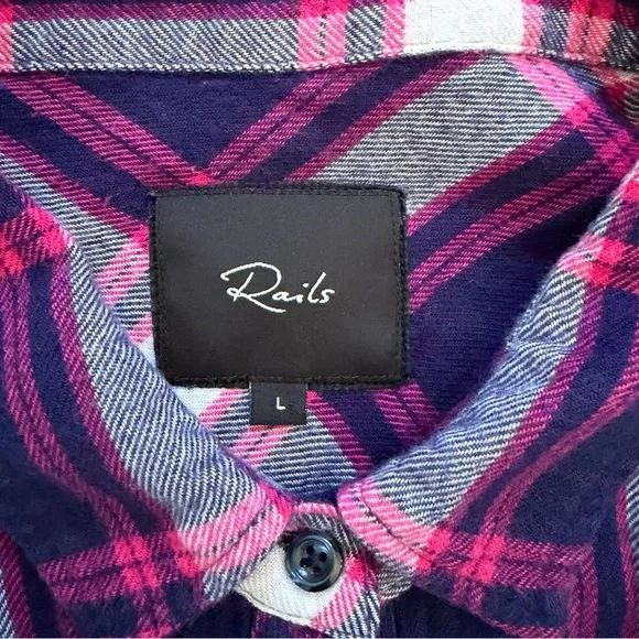 Rails Hunter Plaid Flannel Button Down Shirt Women’s Large Navy‎ Pink Rayon - Picture 2 of 11
